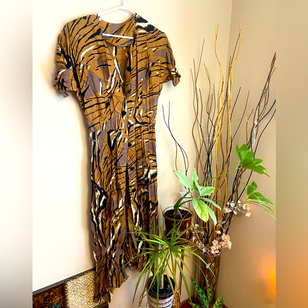 Vintage retro Brown Black Animal Print Dress button down blouse duster blazer